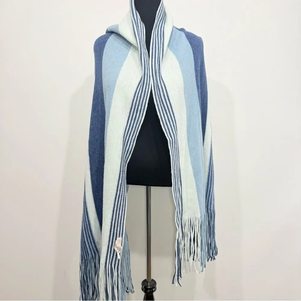 Free People Color Block Blue Stripe Oversized Fringed Edge Scarf Shawl Wrap